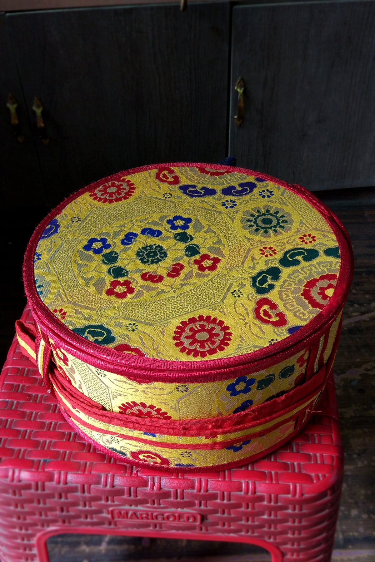 Tibetan Buddhist Handpainted Chod Drum/Damaru with red color cover