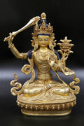 Gold Plated hand made Buddha Manjushree Statue from Nepal 9" - Vajracrafts