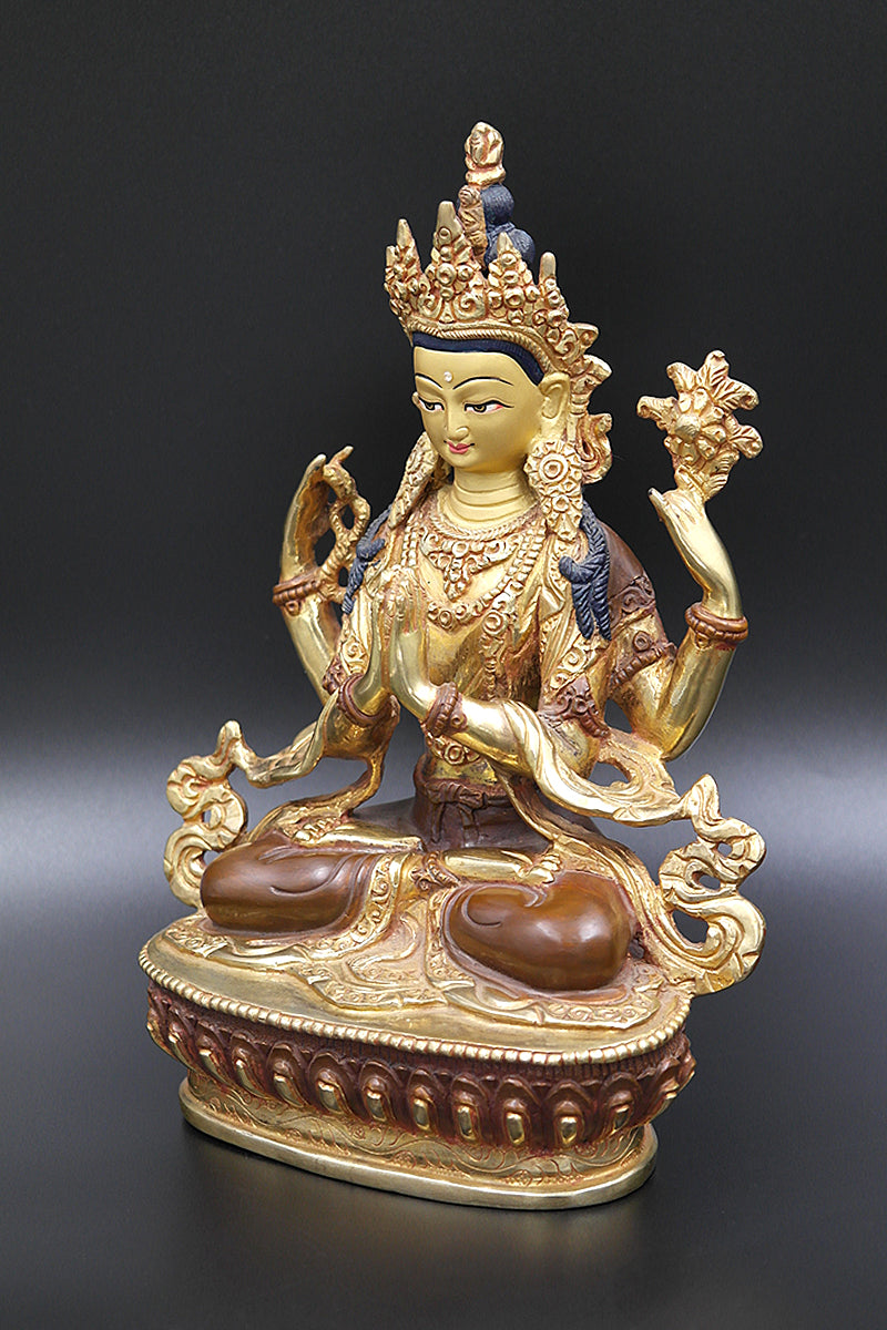 Partly Gold Plated Chenrezig Statue, 8"