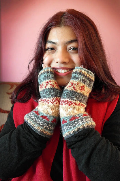 Cream, grey and maroon mixed color woolen hand warmers - Vajracrafts