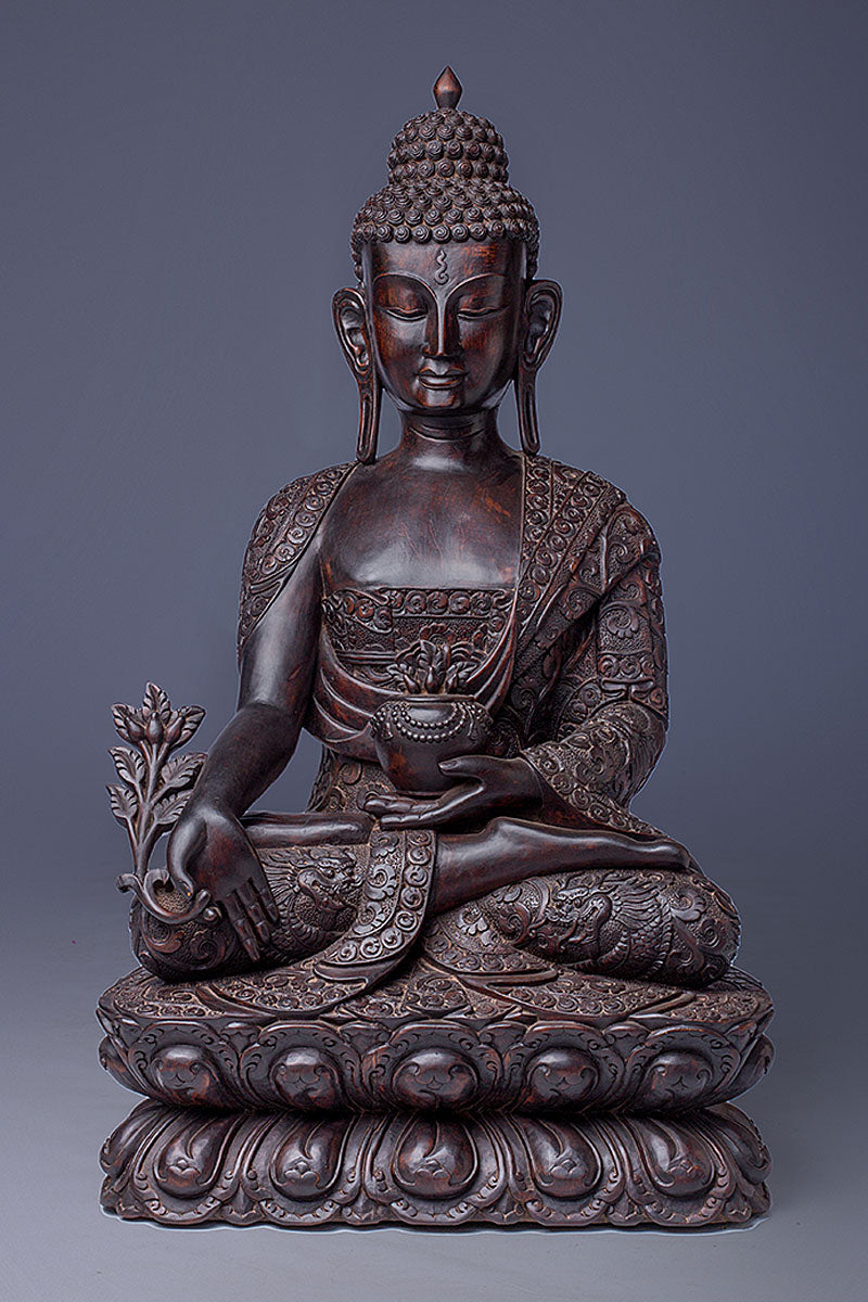 Masterpiece Medicine Buddha Wooden Statue, Healing buddha statue 40"