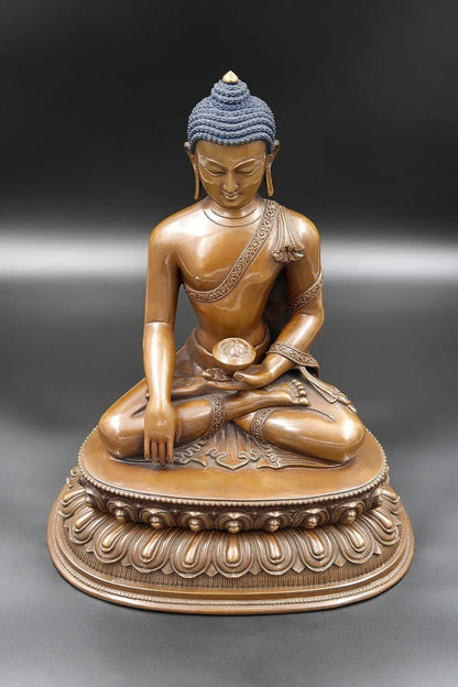 Antiqued Copper Shakyamuni Buddha Statue in double Lotus, 11" - Vajracrafts