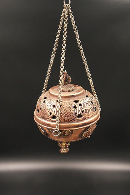Eight Auspicious Symbol Engraved Hanging Copper Incense Burner - Vajracrafts