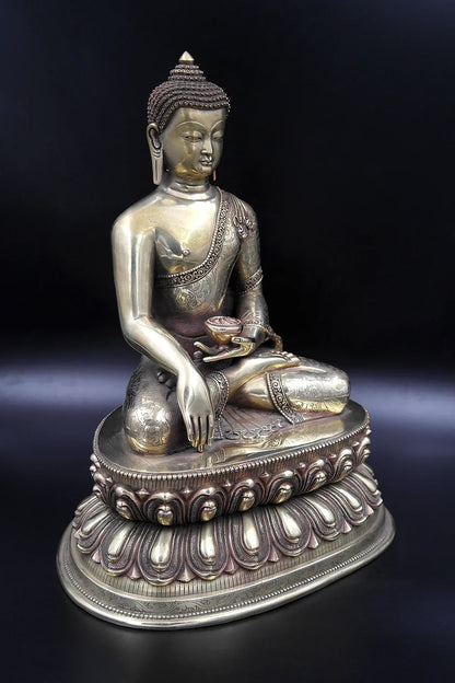 Hand Carved Shakyamuni Buddha Statue double Lotus, 12.5" - Vajracrafts