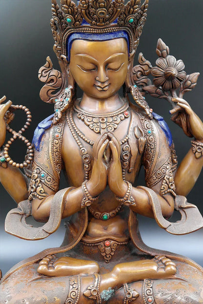 Four Armed Copper Oxidized Chenrezig Statue, 15" - Vajracrafts