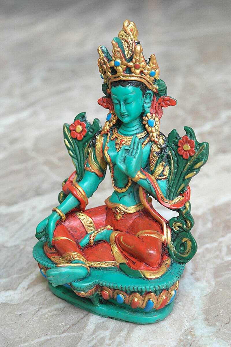 Hand Painted Tibetan Green Tara Statue, 5"