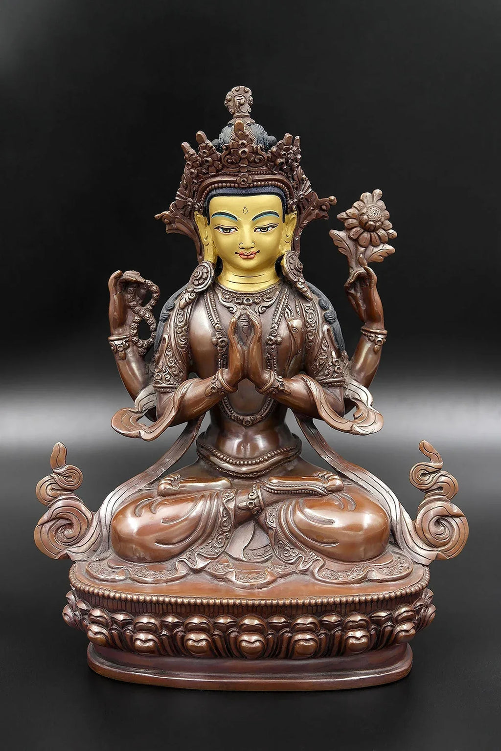 Copper Oxidized and Gold face painted Chenrezig Statue 8" - Vajracrafts
