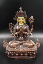 Copper Oxidized and Gold face painted Chenrezig Statue 8" - Vajracrafts