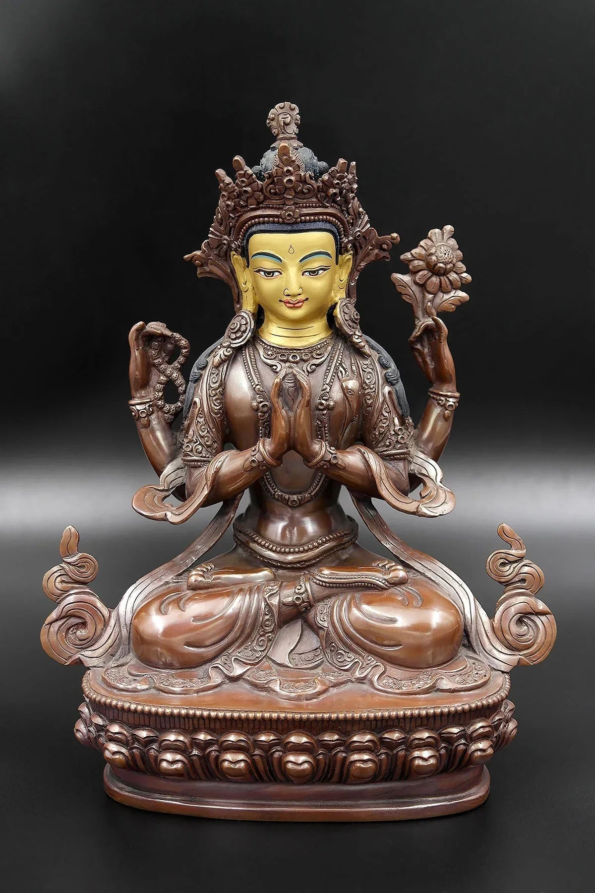 Copper Oxidized and Gold face painted Chenrezig Statue 8" - Vajracrafts