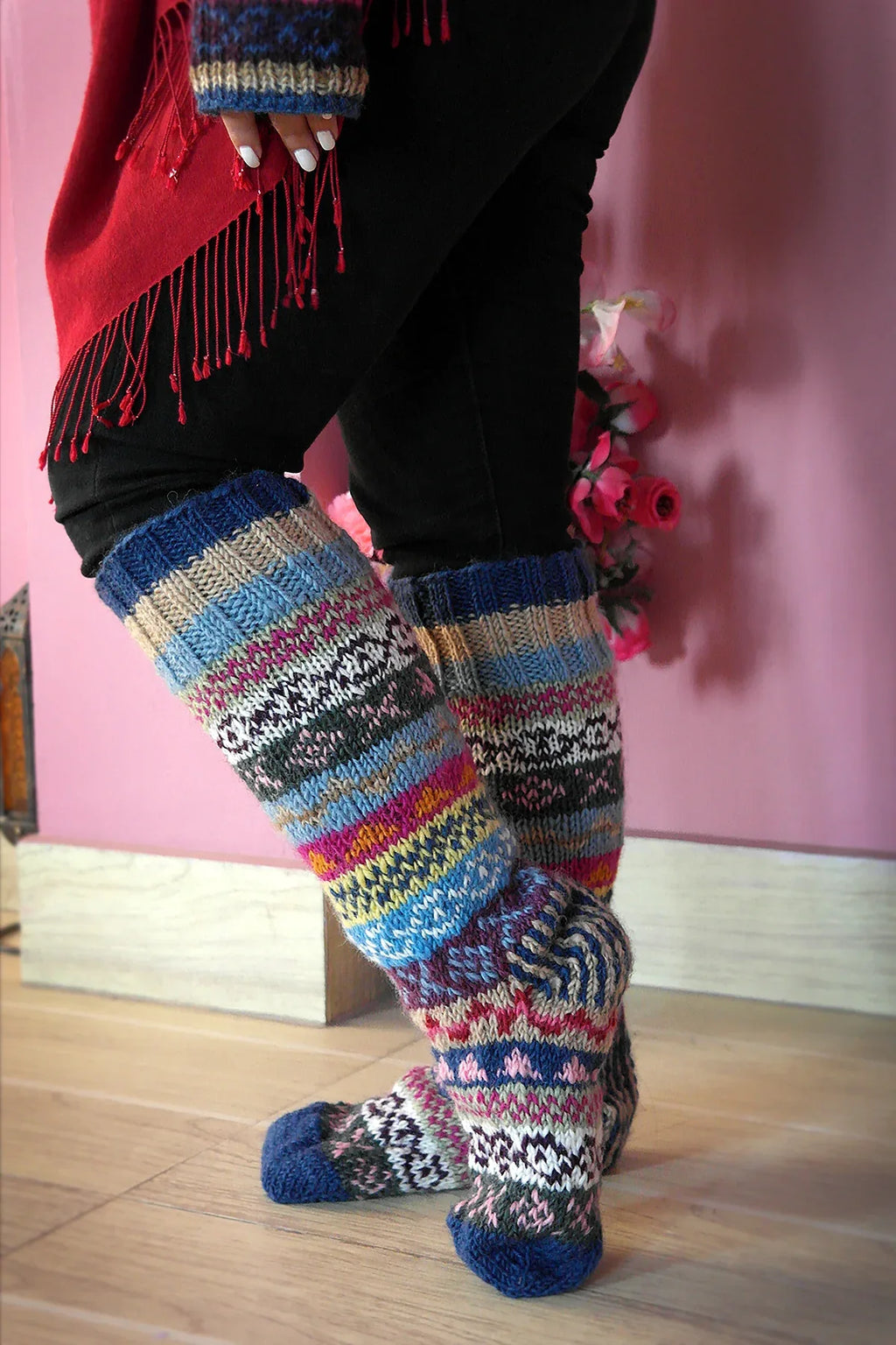Blue Pink mixed color Woolen Knee High Socks - Vajracrafts