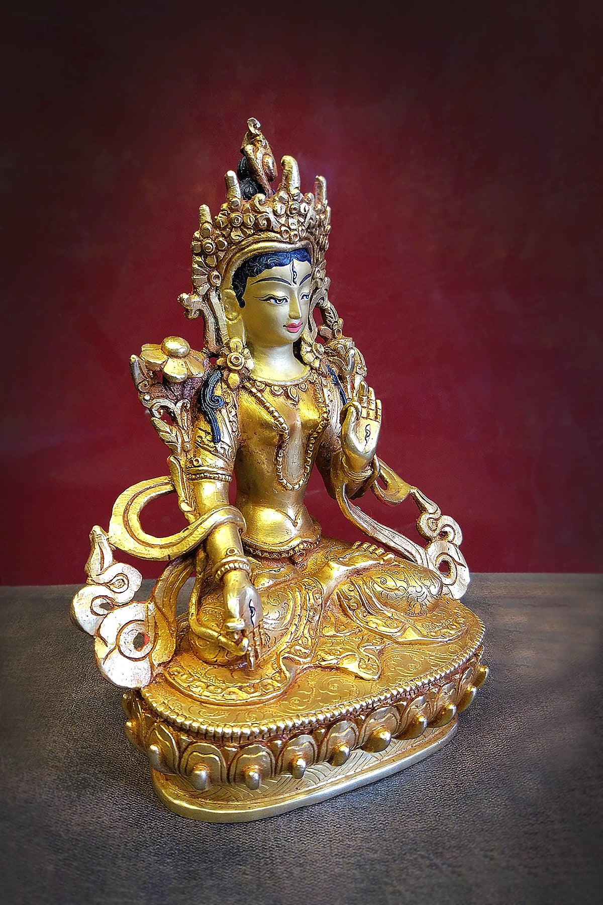 White Tara Statue, fully gold plated and hand carved Tara Statue 6"