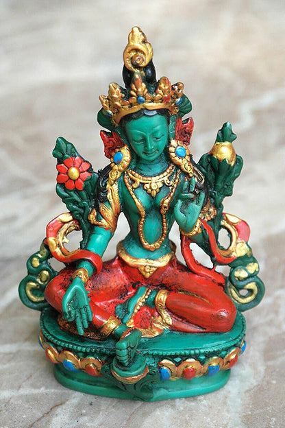 Hand Painted Tibetan Deity Green Tara Statue, 5" - Vajracrafts
