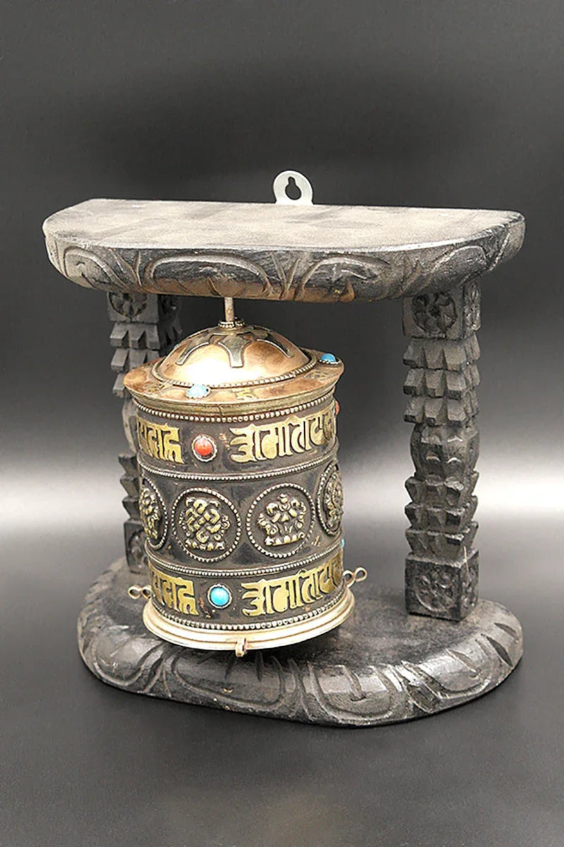 Eight Auspicious Symbols Buddhist Prayer Wheel in wooden frame - Vajracrafts