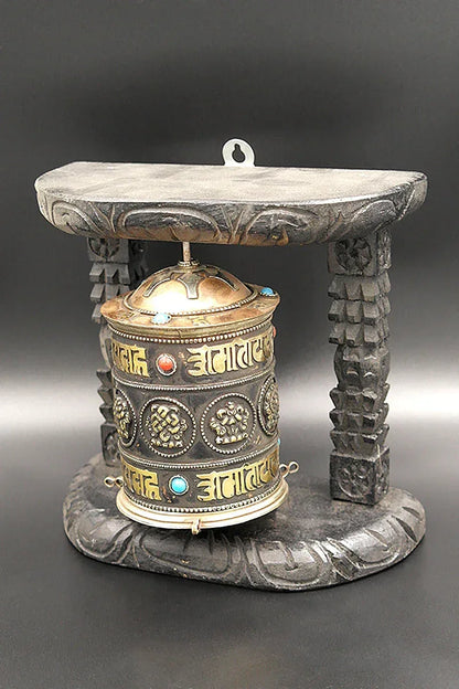 Eight Auspicious Symbols Buddhist Prayer Wheel in wooden frame - Vajracrafts