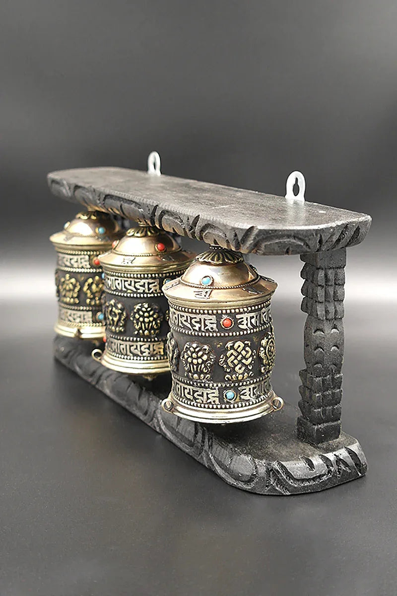 Tibetan Buddhist Prayer Wheels in Wooden Frame - Vajracrafts