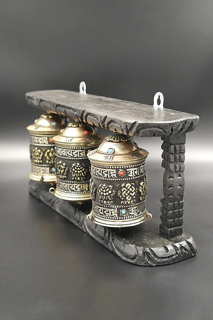 Tibetan Buddhist Prayer Wheels in Wooden Frame - Vajracrafts