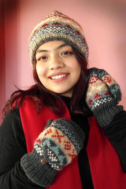 Grey maroon mixed colored woolen gloves/mittens - Vajracrafts