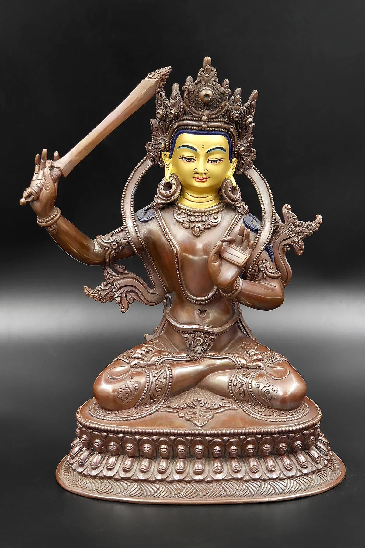Copper Oxidized Tibetan Manjushree Statue from Nepal 8" - Vajracrafts