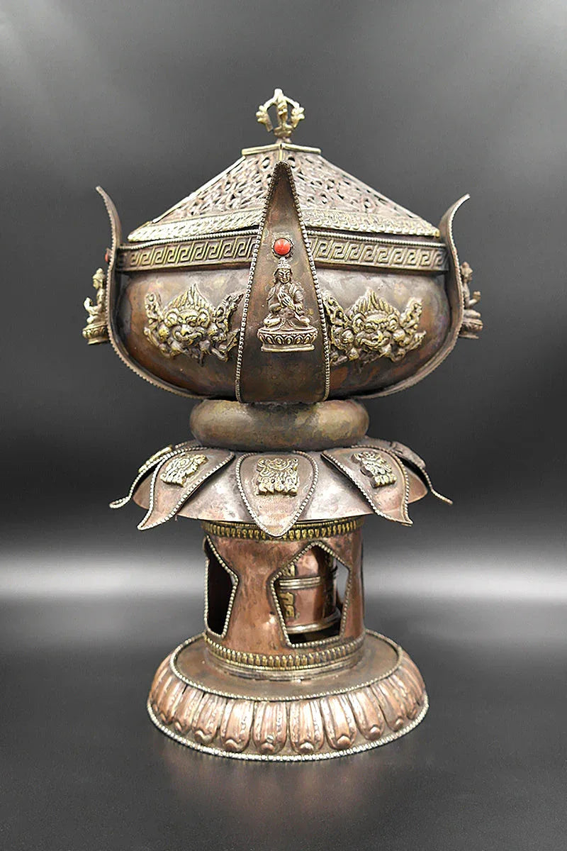 Lotus design with 8 Auspicious symbols copper incense burner - Vajracrafts