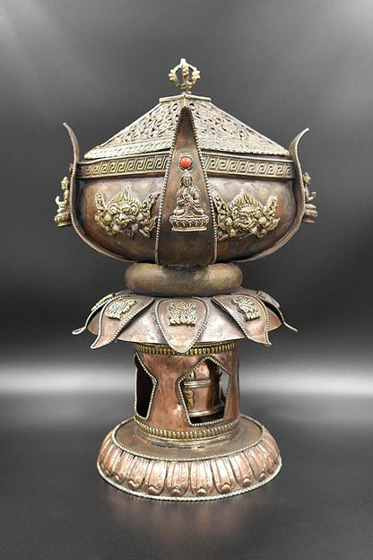 Lotus design with 8 Auspicious symbols copper incense burner - Vajracrafts