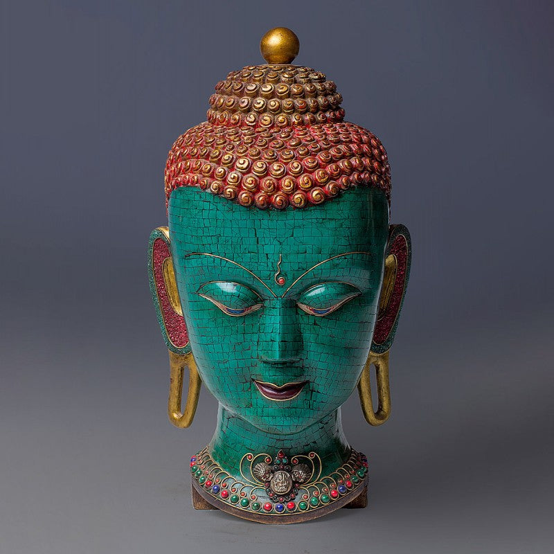 Artistic  Turquoise Inlaid Buddha Head Statue