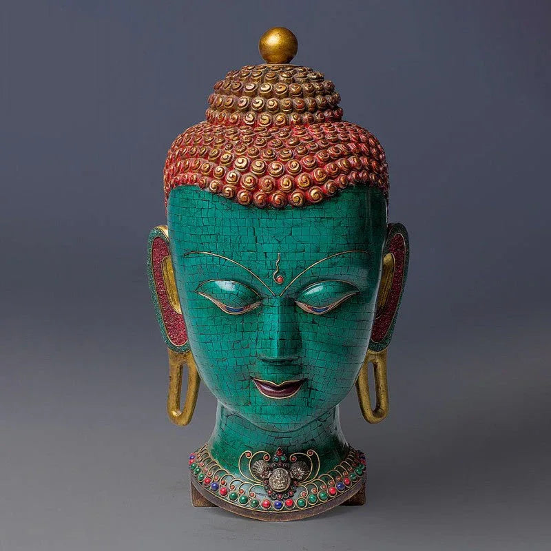 Artistic Turquoise Inlaid Buddha Head Statue - Vajracrafts