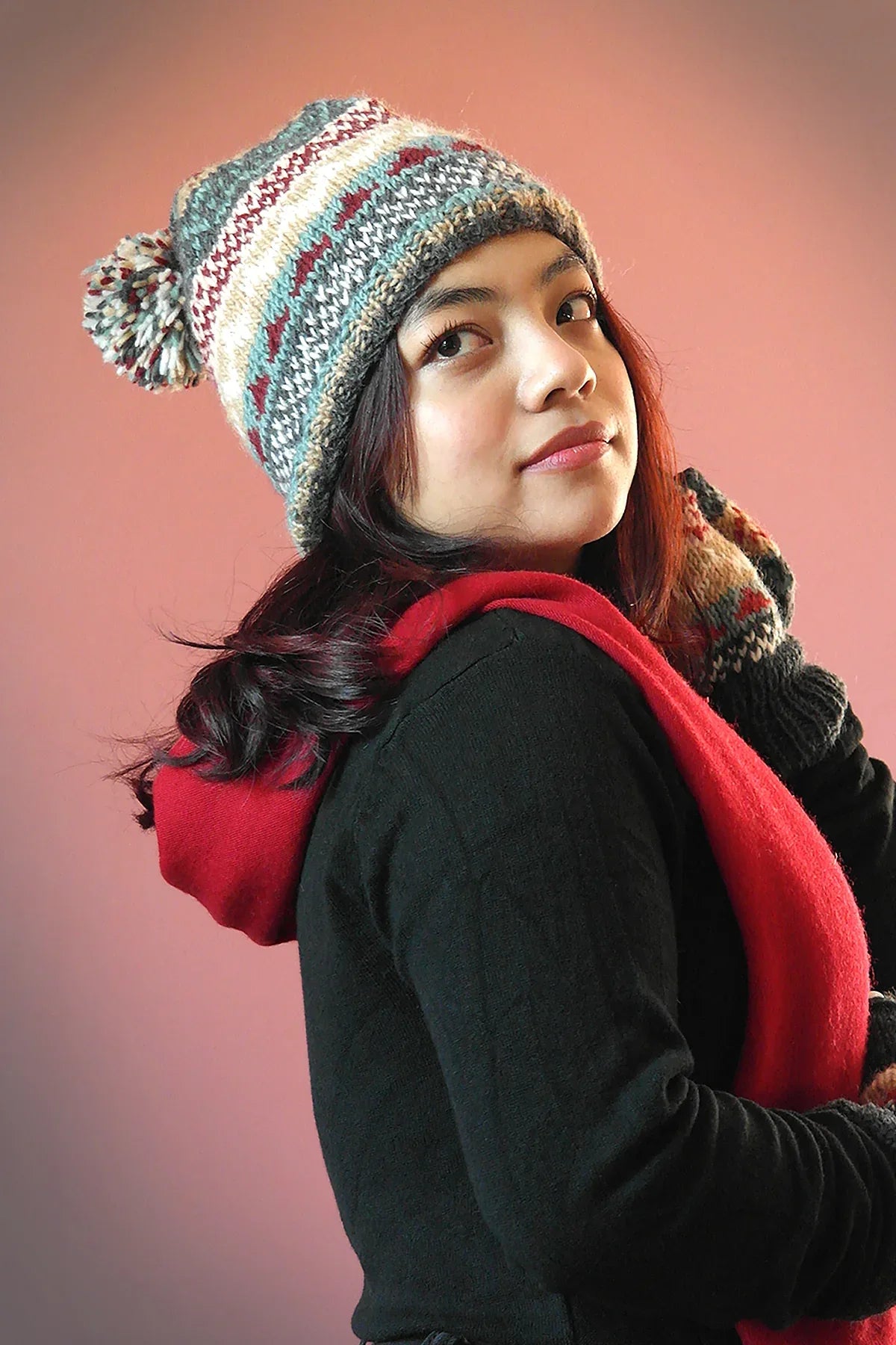 Womens Knit Winter Warm Pom Pom Beanie Hat Grey Maroon - Vajracrafts