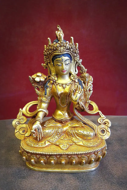 White Tara Statue, fully gold plated and hand carved Tara Statue 6" - Vajracrafts