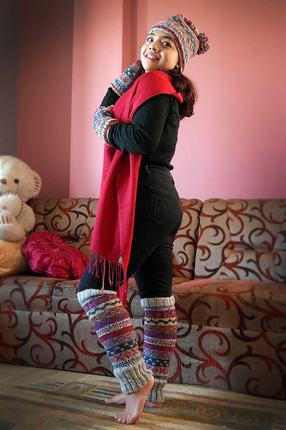 Grey blue and red mixed colors woolen leg warmers - Vajracrafts