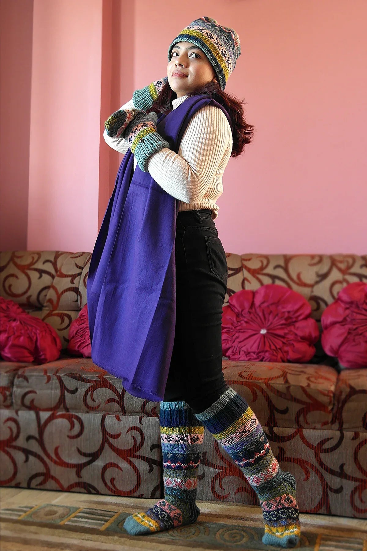 Blue Pink Yellow mixed color Woolen Knee High Socks - Vajracrafts