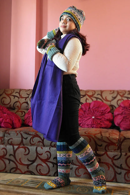 Blue Pink Yellow mixed color Woolen Knee High Socks - Vajracrafts