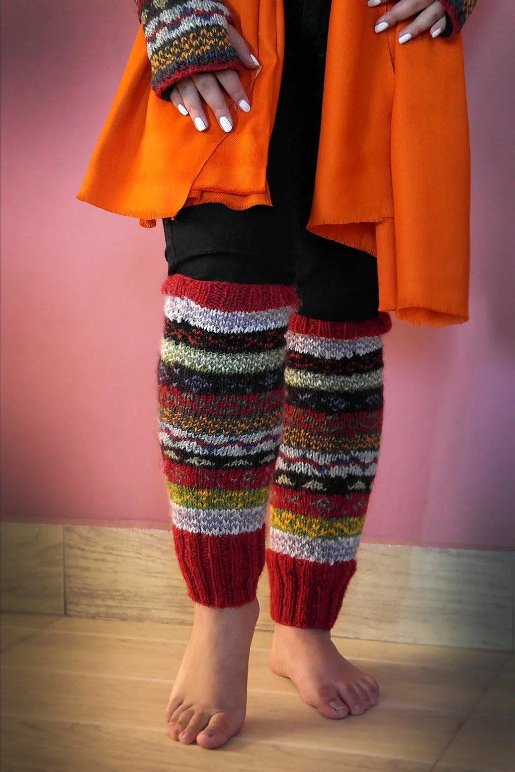 Red Green and mixed colors woolen leg warmers - Vajracrafts