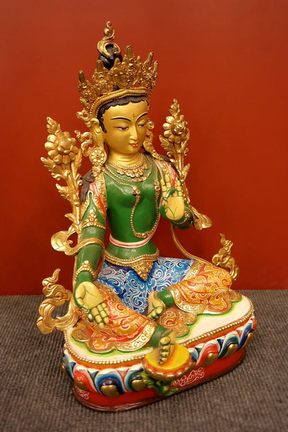 Hand Painted Green Tara Statue from Boudha, 13" - Vajracrafts