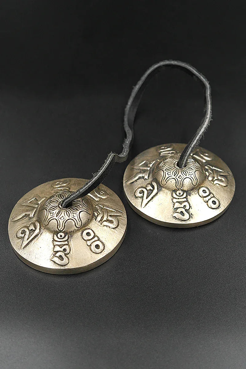 Om mane peme hum mantra embossed Tingsha 2.9" - Vajracrafts