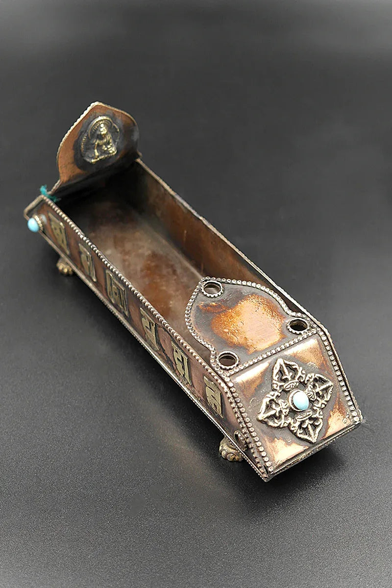 Tibetan Buddhist Mantra Copper & Brass Incense Burner 7" - Vajracrafts
