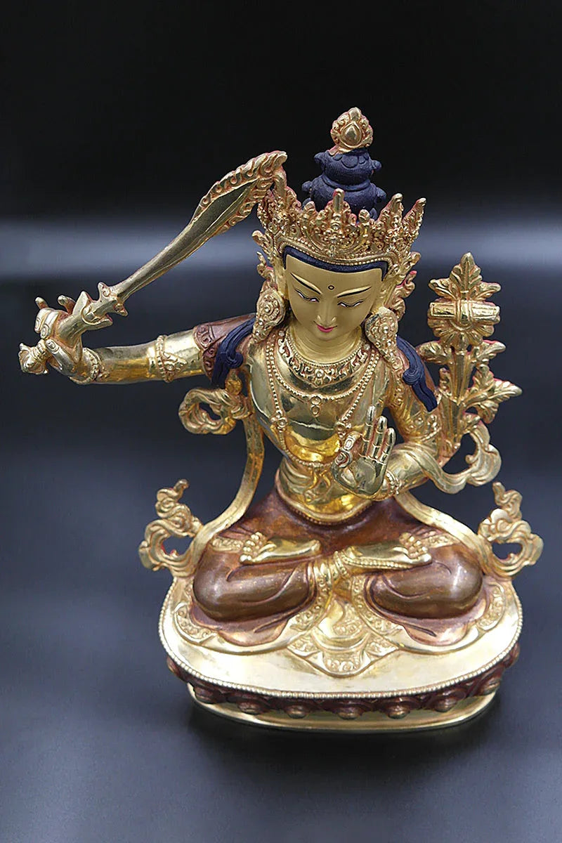 Gold Plated Manjushree Statue, Handmade in Nepal 13" - Vajracrafts