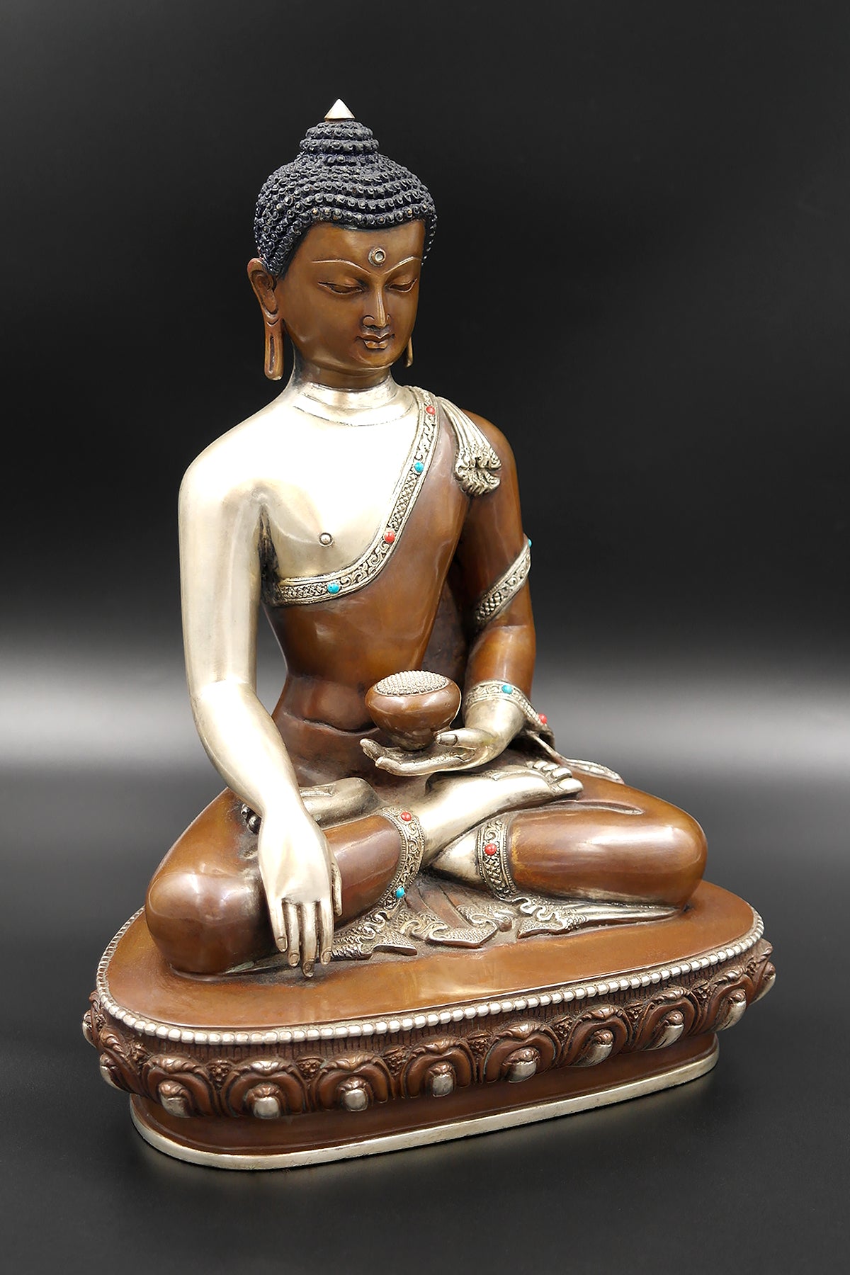Classic Copper and Silver Shakyamuni Buddha Statue, 9"