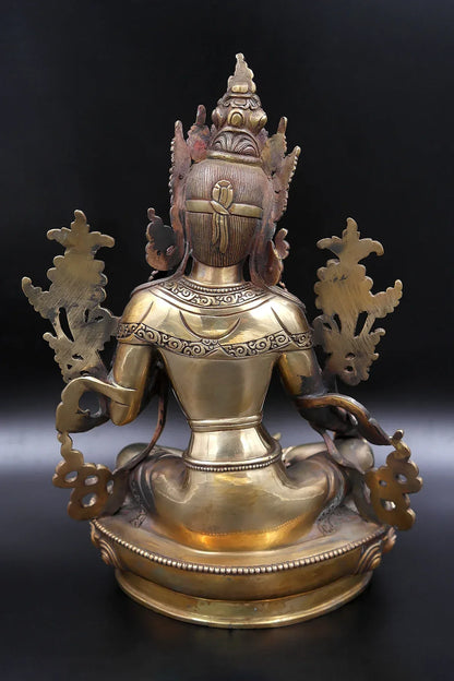 Gold toned Tibetan Green Tara statue from Nepal 12" - Vajracrafts