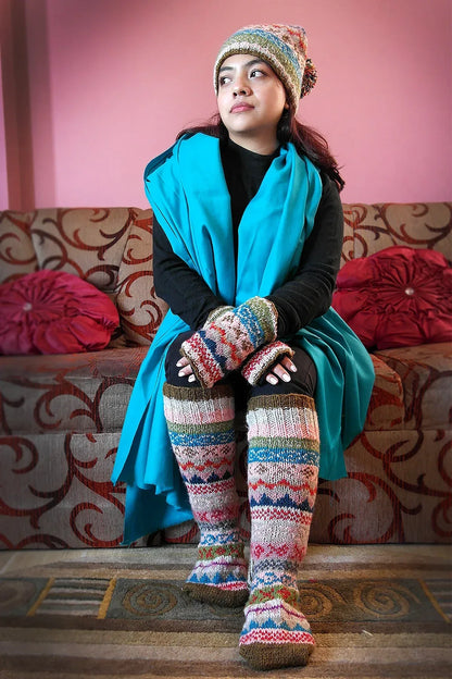 Pink and Olive Green mixed color Woolen Knee High Socks - Vajracrafts