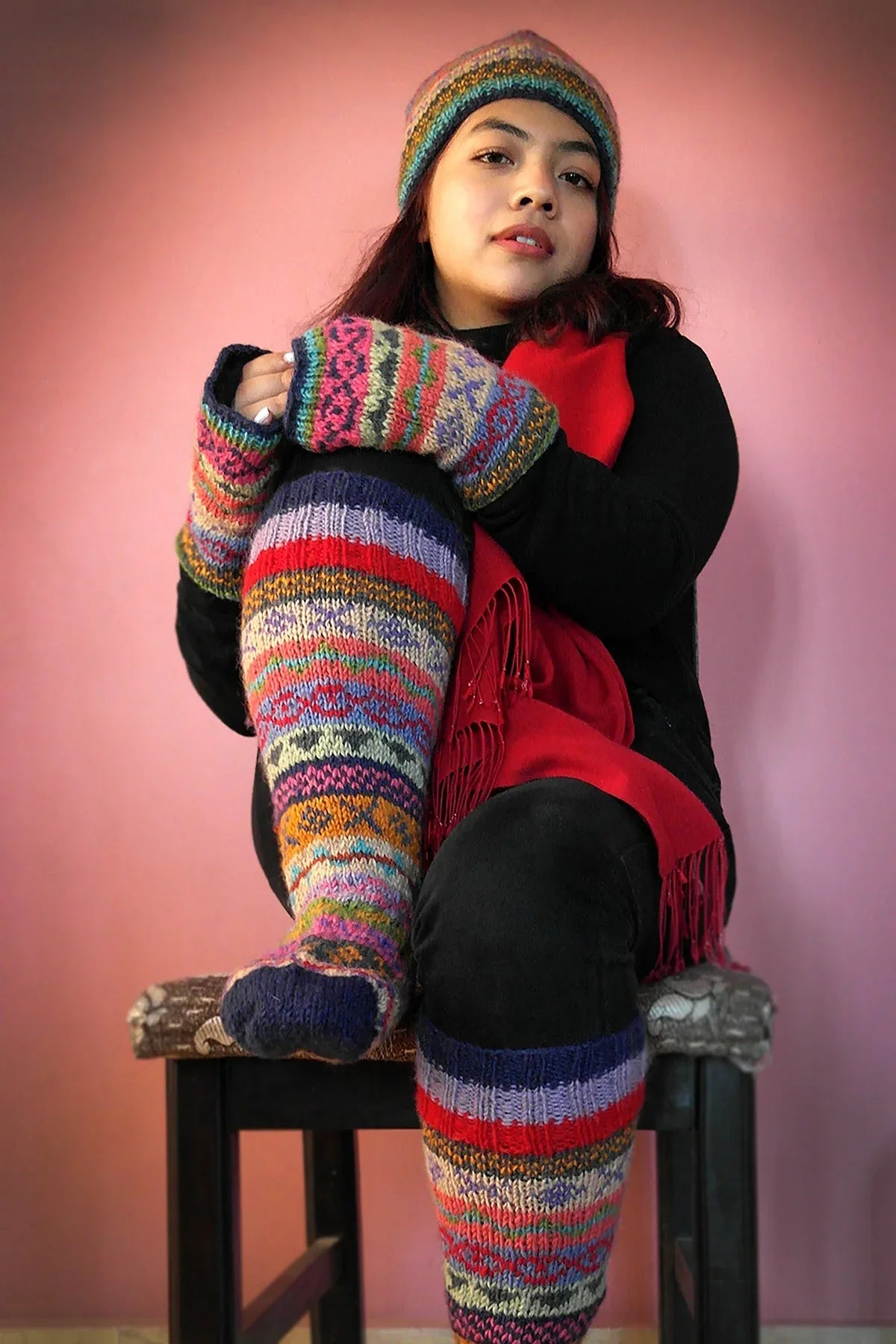 Blue pink and green mixed color Woolen Knee High Socks - Vajracrafts