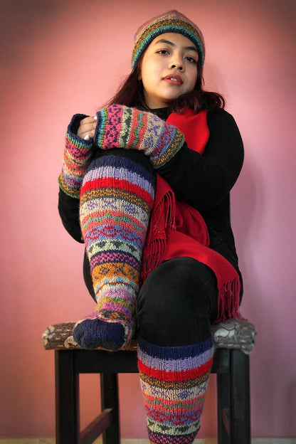 Blue pink and green mixed color Woolen Knee High Socks - Vajracrafts