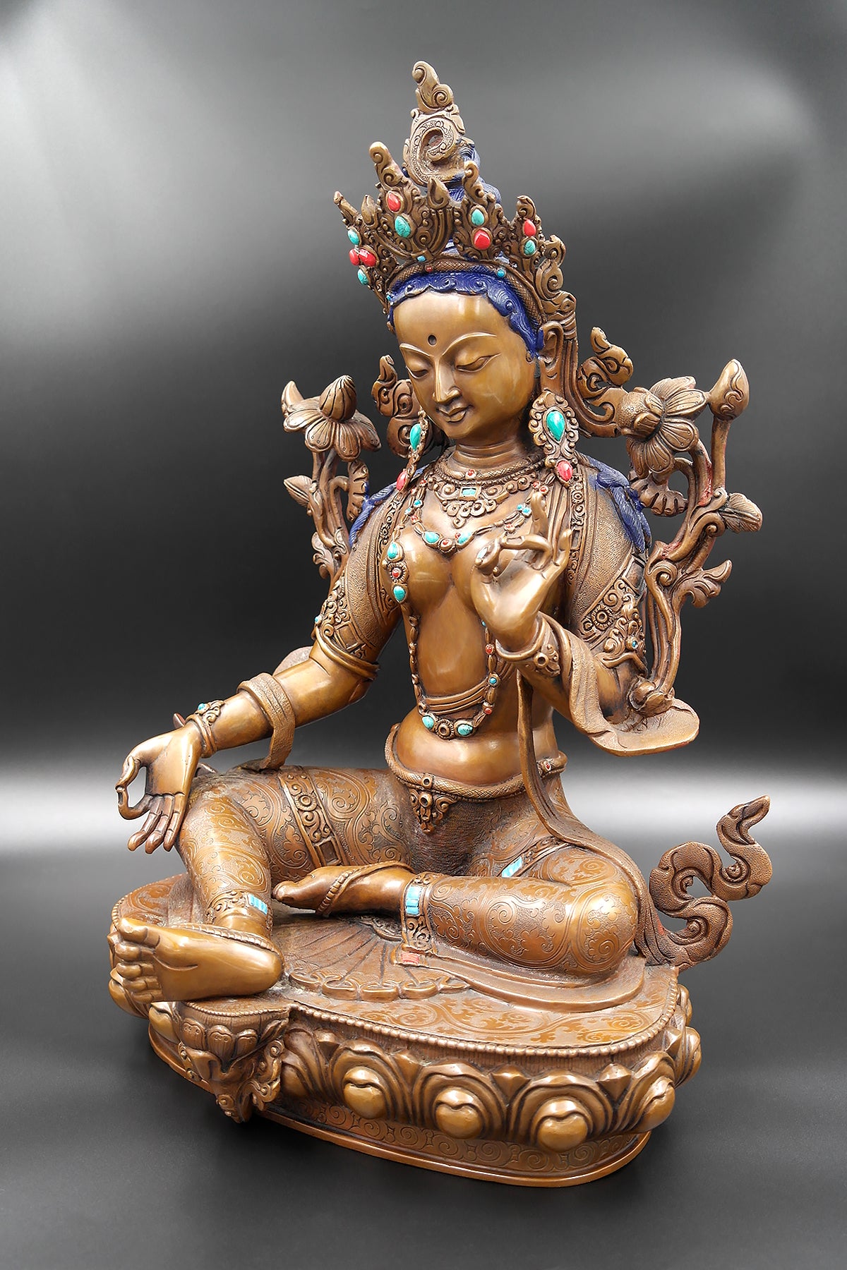 Jeweled Copper Green Tara Statue Top Quality, 15"