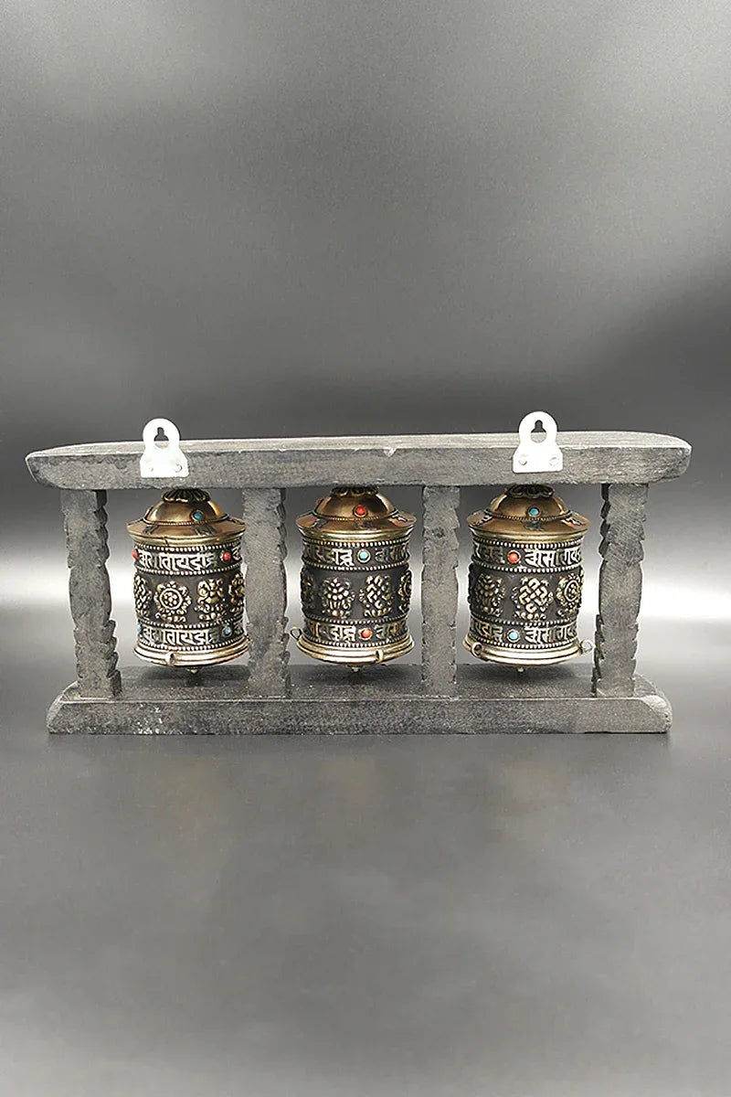 Tibetan Buddhist Prayer Wheels in Wooden Frame - Vajracrafts