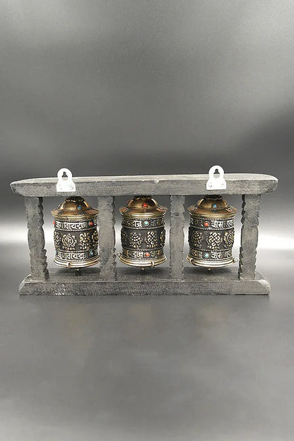 Tibetan Buddhist Prayer Wheels in Wooden Frame - Vajracrafts