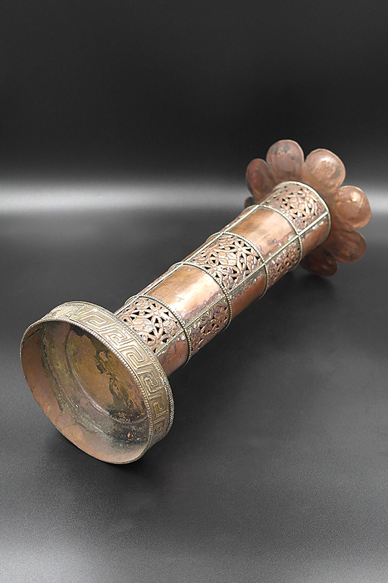 Cylindrical Shape Copper incense burner with stupa on top 13.5"