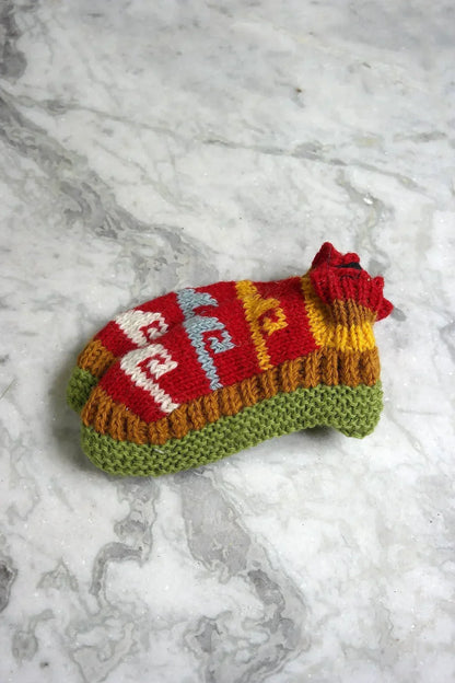 Red, Brown and Green colors Hot waves pattern woolen hand knitted ankle socks - Vajracrafts