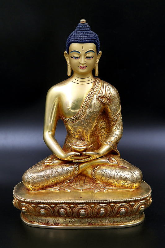 Floral Design carved Gold Plated Amitabh Buddha Statue from Nepal 9"