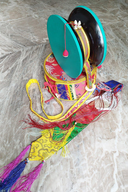 Tibetan Buddhist Ritual Chod Drum/Damaru with Yellow Brocade Cover - Vajracrafts