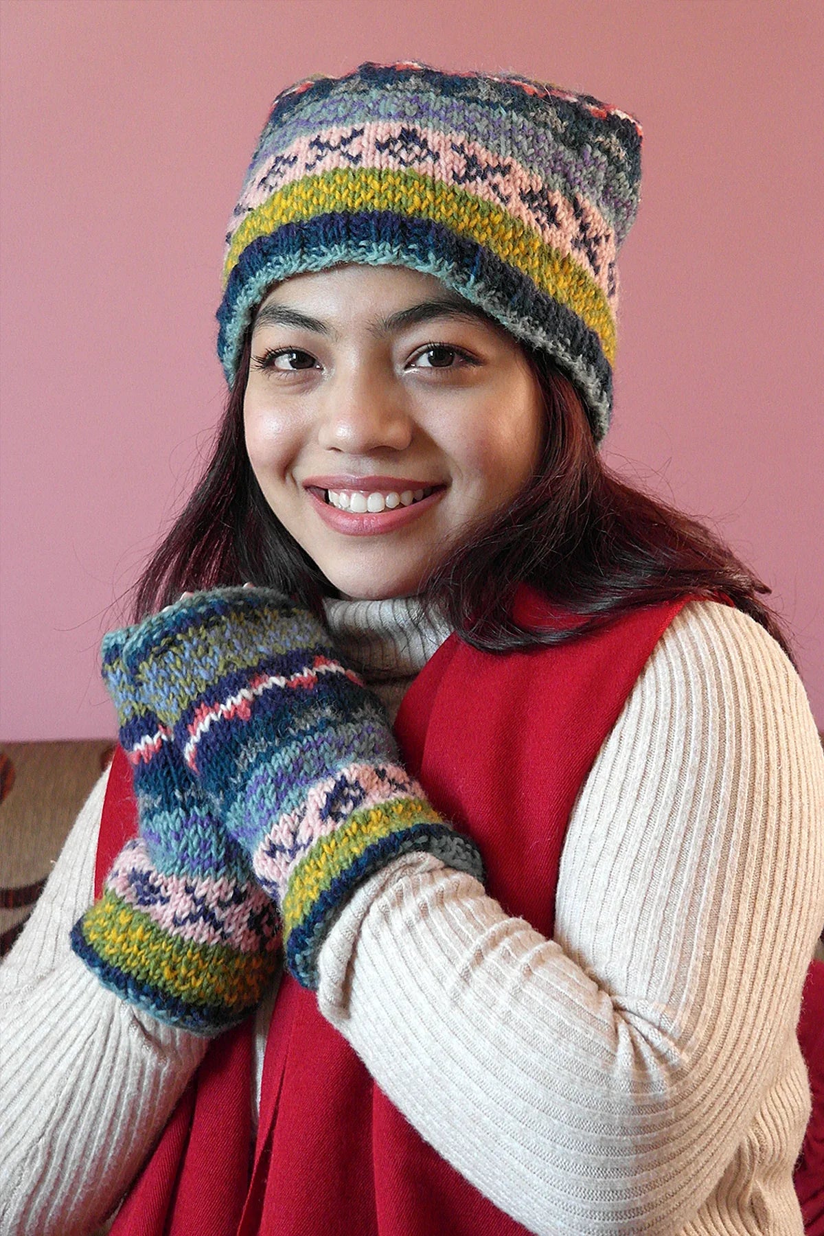 Blue Pink mixed colors Womens Winter Warm Pom Pom Beanie Hat - Vajracrafts