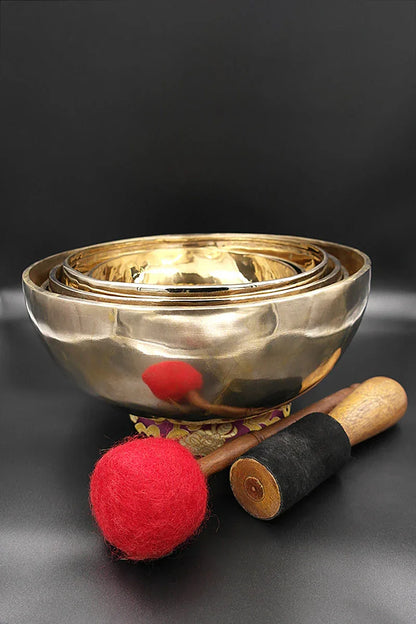 Set of seven Chakra singing bowls with ring cushion, mallet and drumstick 7"-11" - Vajracrafts